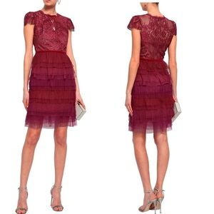 NWT Marchesa Notte Tiered Chantilly Lace Plisse Tulle Mini Dress Red SZ 6